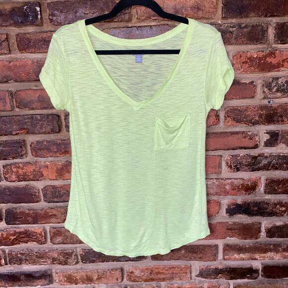 Aerie Neon Highlighter Yellow Short Sleeve V-Neck Burnout Pocket T-Shirt Size XS - Picture 1 of 6